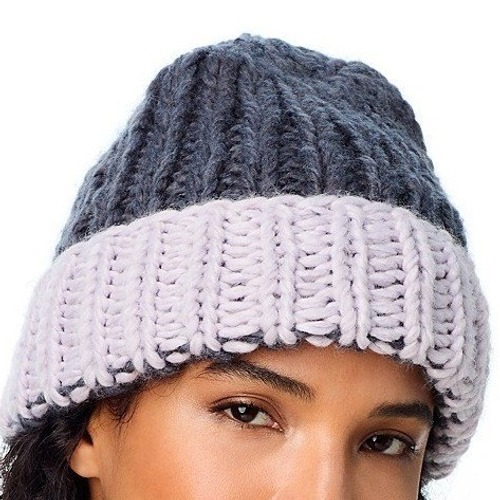 Kyi Kyi Women Beanie Os Charcoal/Lilac Chunky Knit Fleece Lined Wool Blend Hat